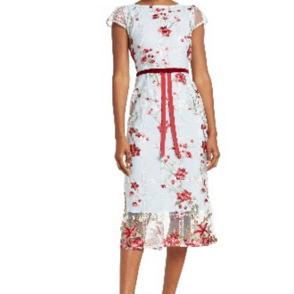 KAIMILAN Blue and Floral Embroidered Midi Mesh Dress Size 10